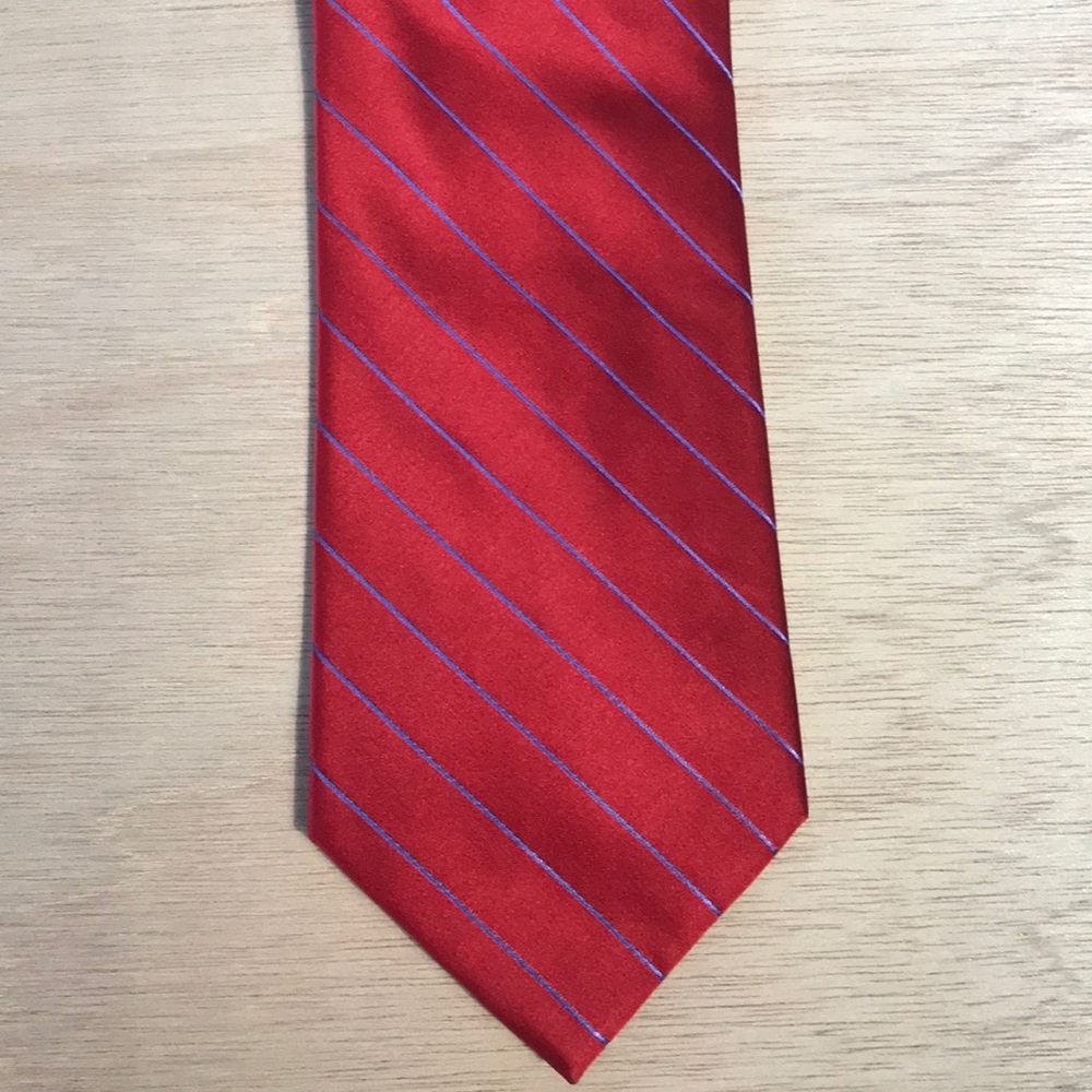 Claiborne Red Silk Necktie | Blue Diagonal Stripe |  Handmade Imported Silk